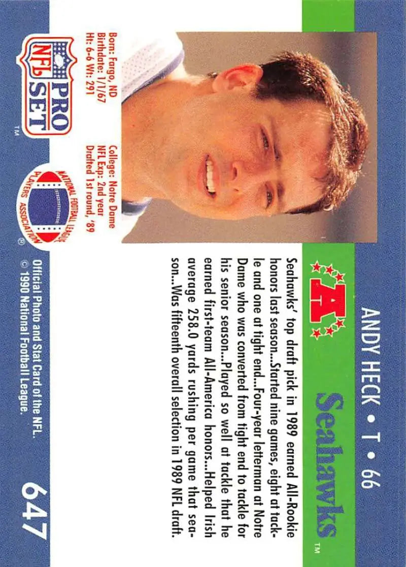 1990 Pro Set #647 Andy Heck NM-MT Seattle Seahawks Football Card image