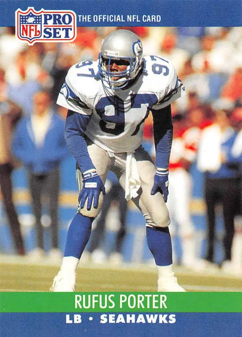 NFL Pro Set football card of Rufus Porter, Seattle Seahawks linebacker in defensive stance