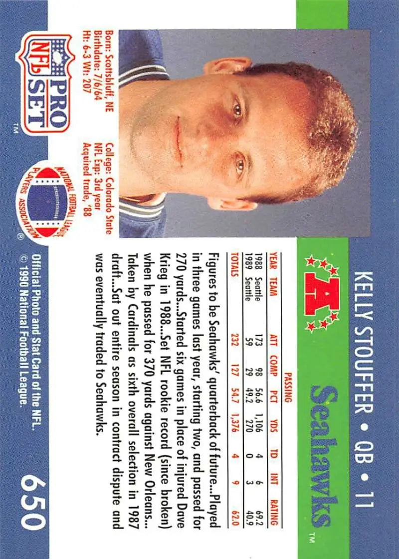 1990 Pro Set football card featuring Kelly Stouffer of the Seattle Seahawks