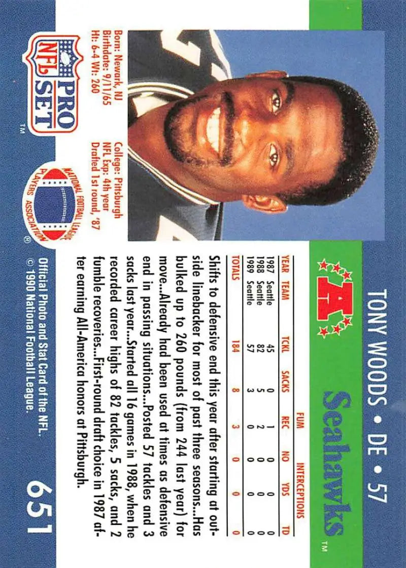 NFL Pro Set football card featuring Tony Woods from the Seattle Seahawks team