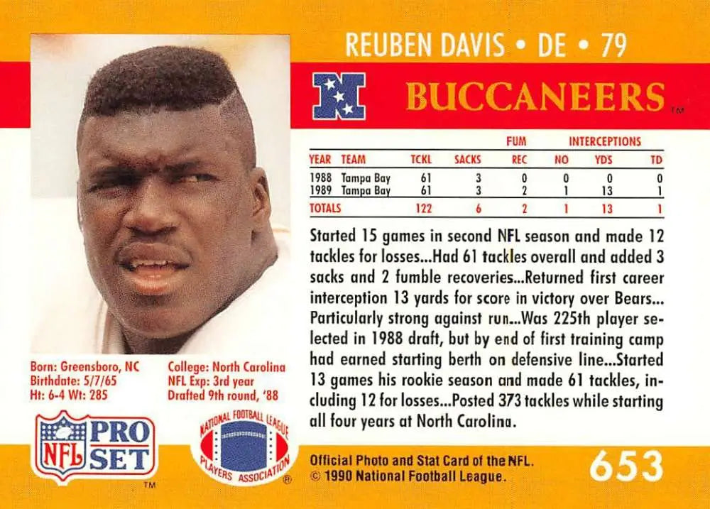NFL trading card of Reuben Davis, a 1996 Tampa Bay Buccaneers Pro Set rookie