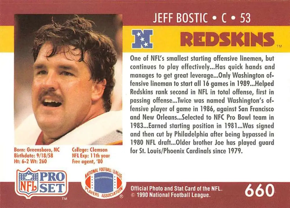 Jeff Bostic 1990 Pro Set #660 Washington Redskins Football Card in NM-MT condition