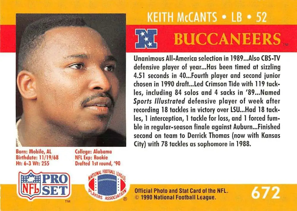 NFL Pro Set trading card of Keith McCants, Tampa Bay Buccaneers linebacker rookie