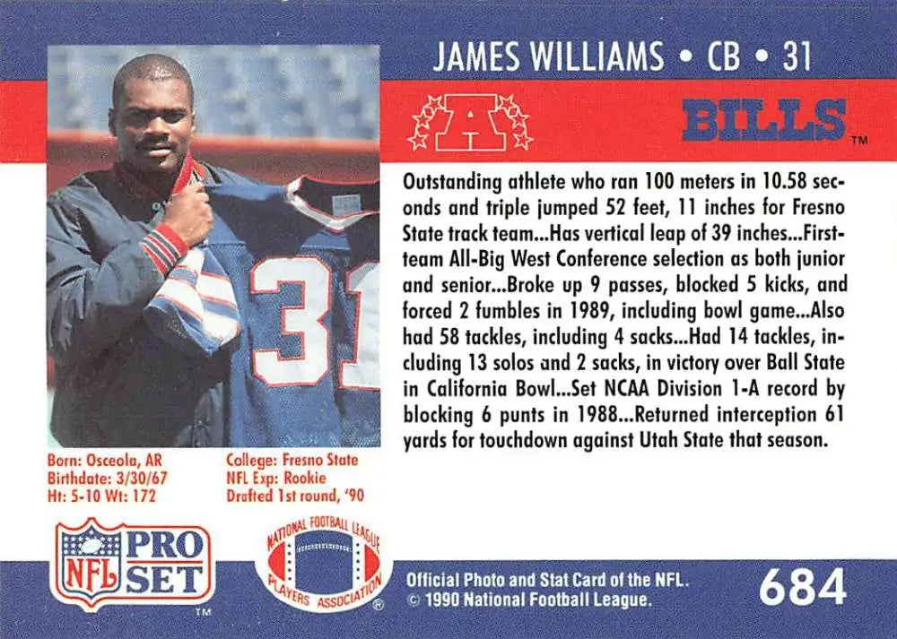 Football card of James Williams, cornerback for Buffalo Bills, 1990 Pro Set NFL collection