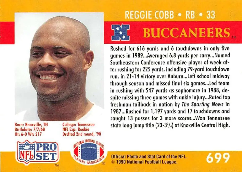NFL trading card of Reggie Cobb, #33, Tampa Bay Buccaneers 1990 Pro Set Rookie