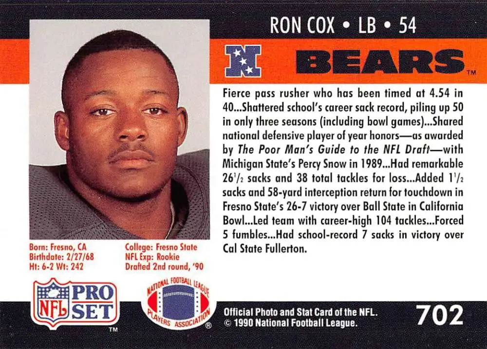 NFL trading card of Ron Cox, linebacker for the Chicago Bears