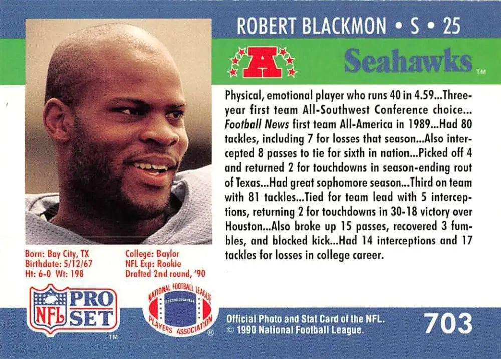 Football card of Robert Blackmon, number 25, Seattle Seahawks, 1990 Pro Set