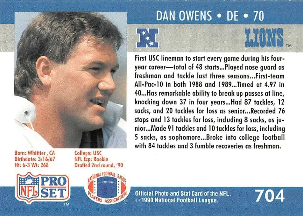 Detroit Lions football card featuring Dan Owens from 1990 Pro Set Rookie collection