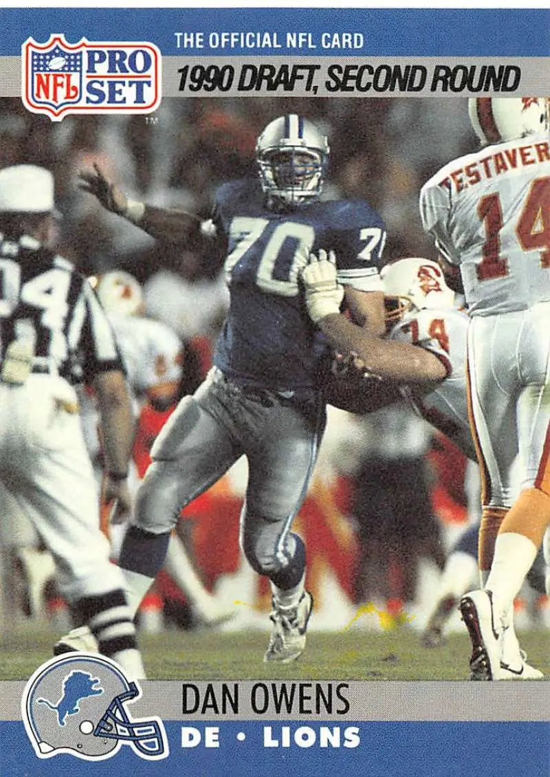 NFL Pro Set trading card of Detroit Lions player Dan Owens from 1990 draft rookie series