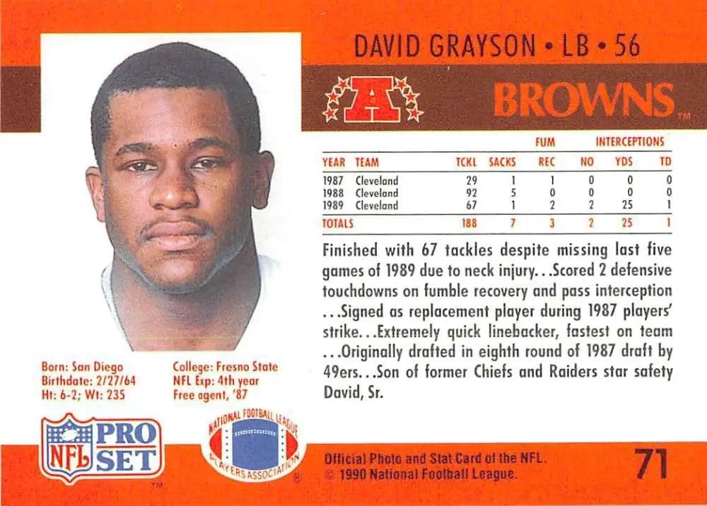 NFL football card of David Grayson, Cleveland Browns linebacker, jersey number 56