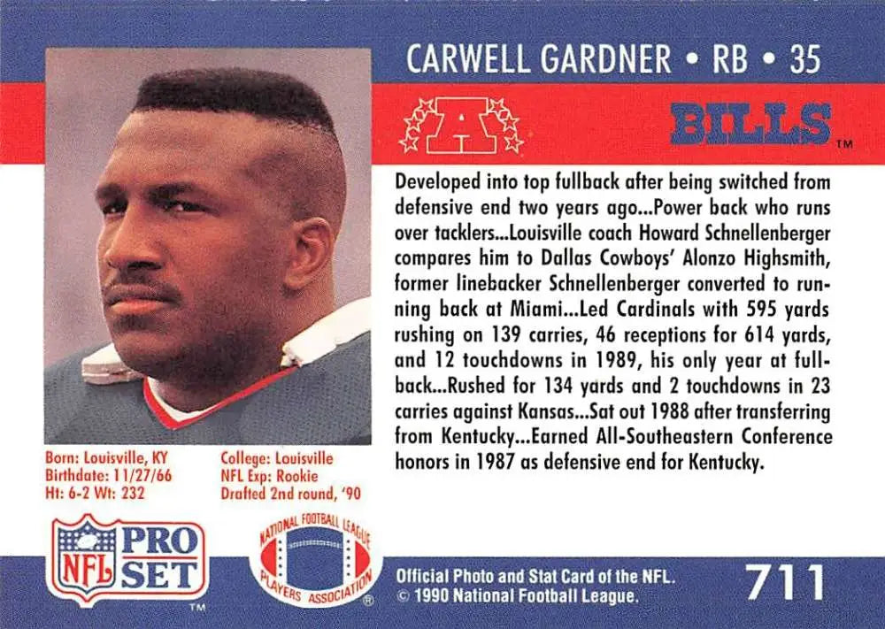 Buffalo Bills Football Card featuring Carwell Gardner from the 1990 Pro Set collection