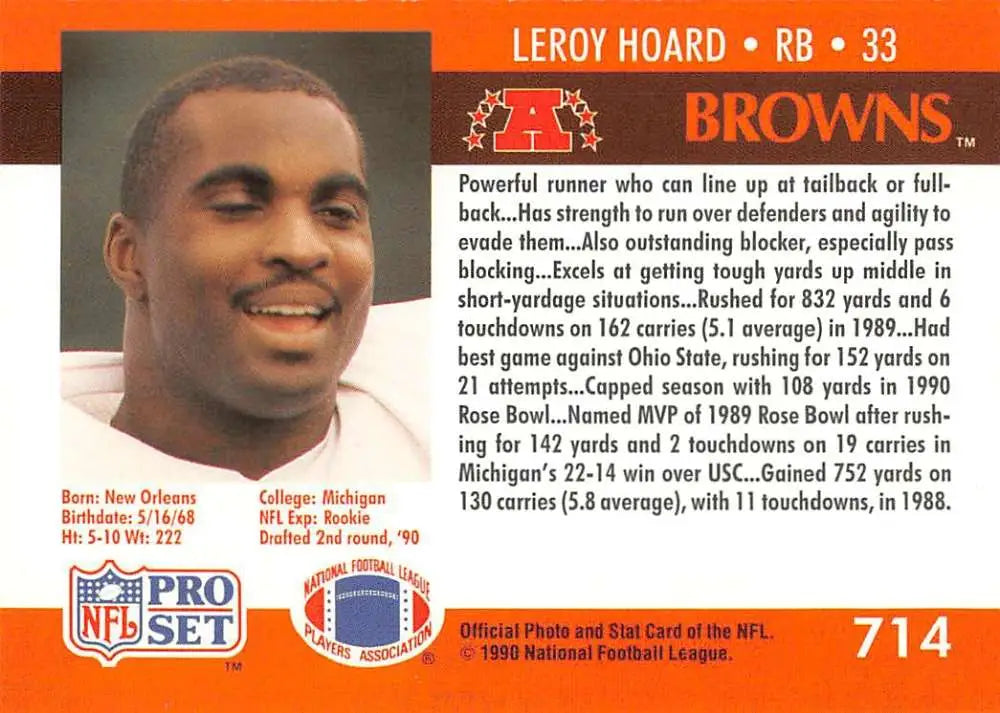 Leroy Hoard 1990 Pro Set #714 Cleveland Browns Football Card in orange and brown colors