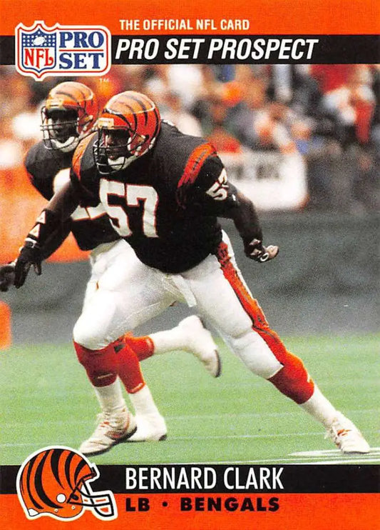 NFL Pro Set trading card of Bernard Clark, Cincinnati Bengals linebacker in black jersey