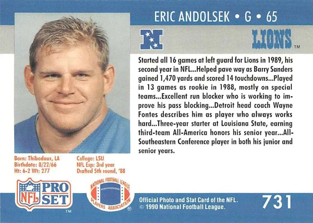 NFL Pro Set 1990 #731 Eric Andolsek Rookie Football Card for Detroit Lions collectors