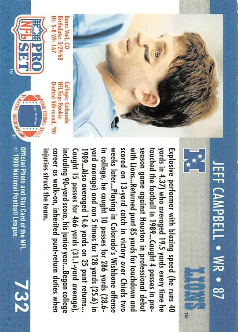 1990 Pro Set #732 Jeff Campbell Rookie Card featuring Detroit Lions with blue border