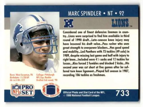 1990 Pro Set #733 Marc Spindler Detroit Lions Football Card with original gloss