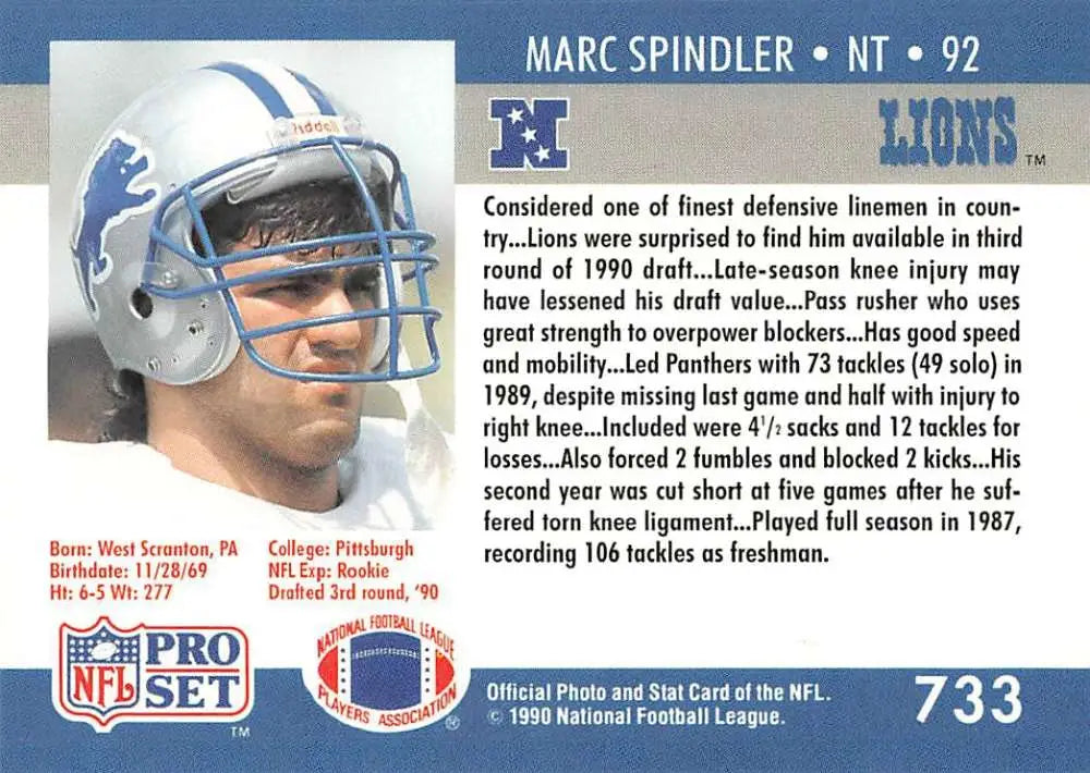 1990 Pro Set #733 Marc Spindler Detroit Lions football card with blue and silver helmet