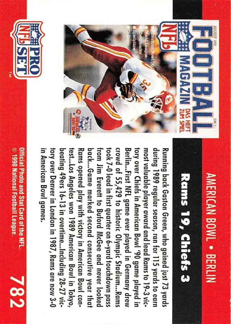 Red and white NFL Pro Set trading card featuring Los Angeles Rams and Kansas City Chiefs