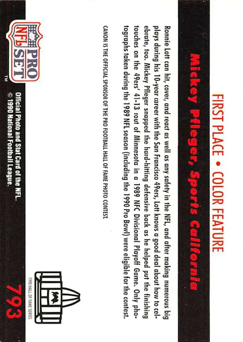 Pro Set NFL football trading card back featuring Ronnie Lott and San Francisco 49ers helmet icon
