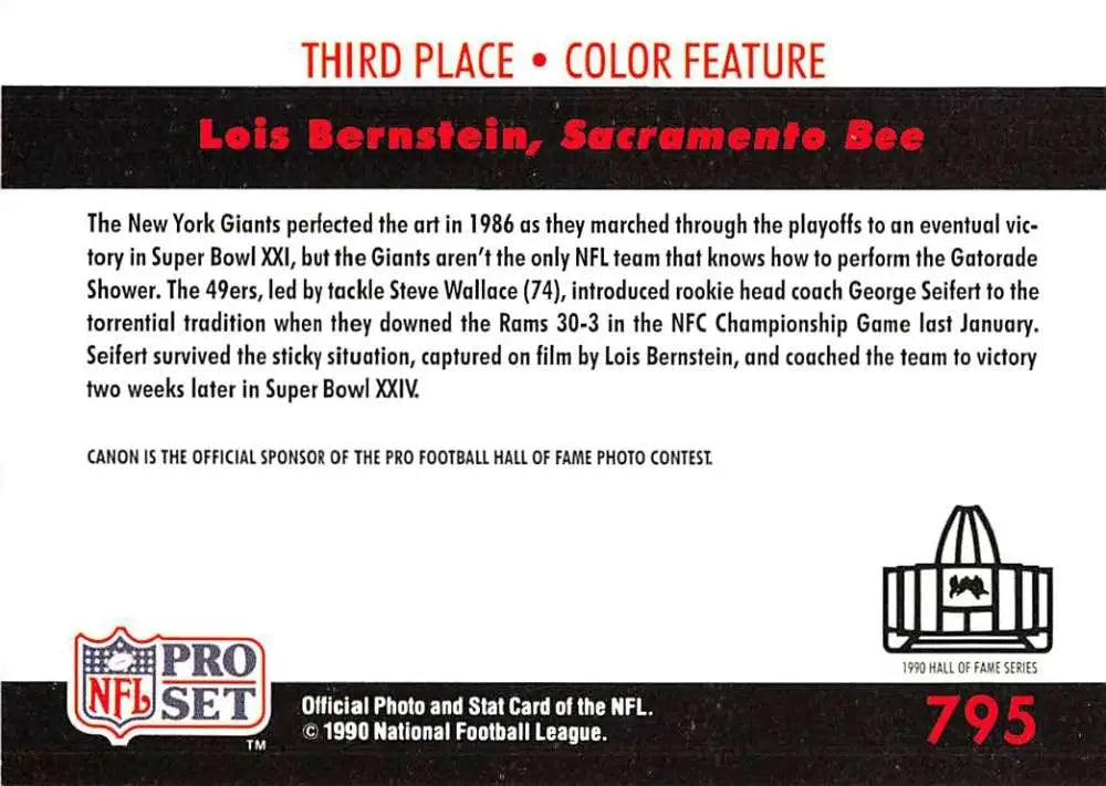 Back of 1994 Pro Set card detailing New York Giants Super Bowl history and Gatorade shower