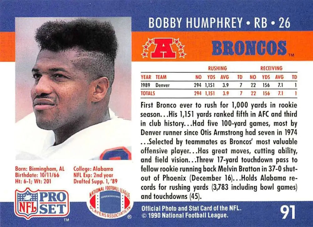 Football card of Bobby Humphrey, Denver Broncos running back from the early 1990s