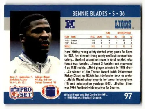 Bennie Blades Detroit Lions football card 1990 Pro Set original gloss EX/NM condition