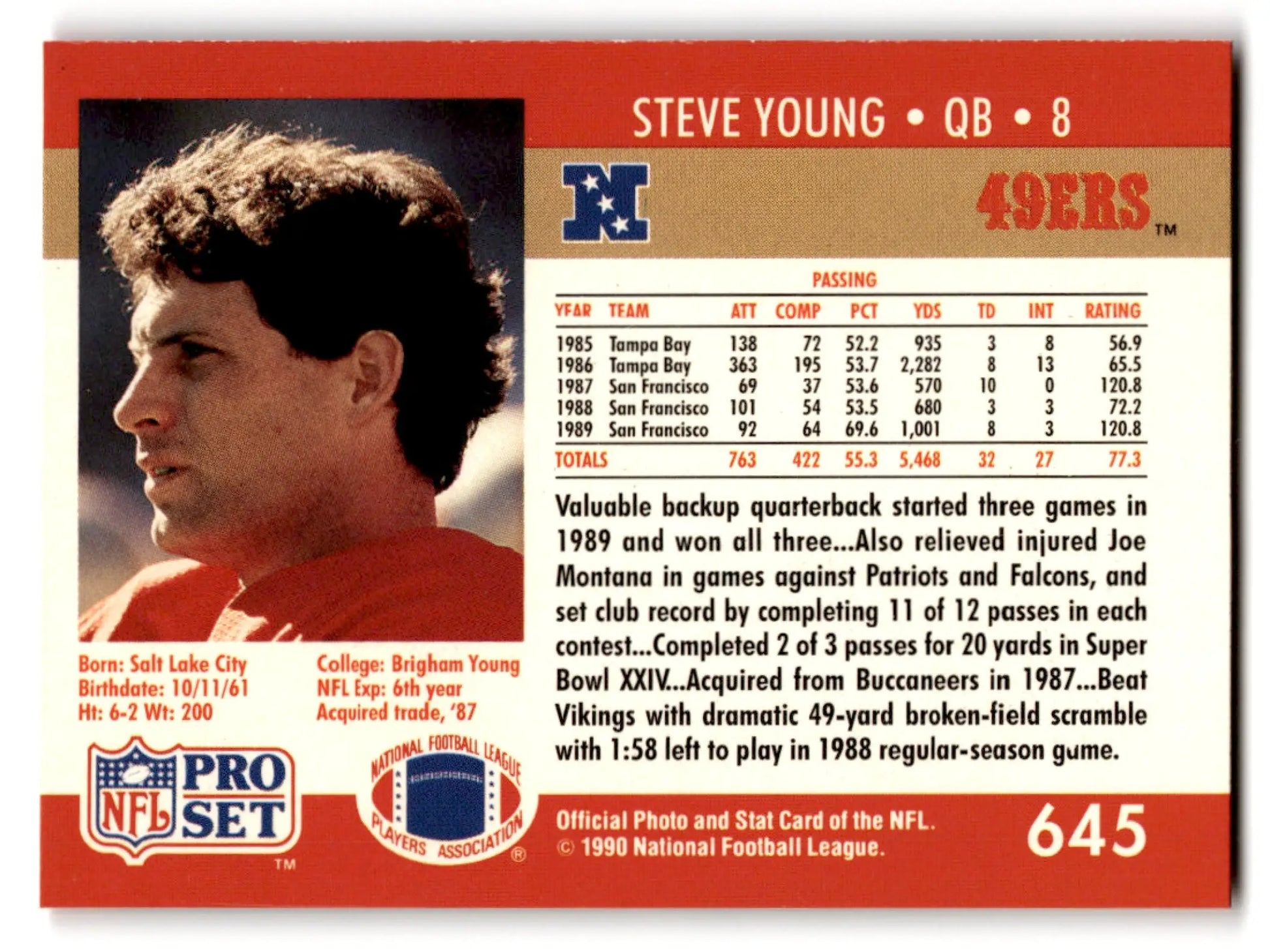 Pro Set football card featuring Steve Young 1990 set football Steve Young #645 San Francisco 49ers