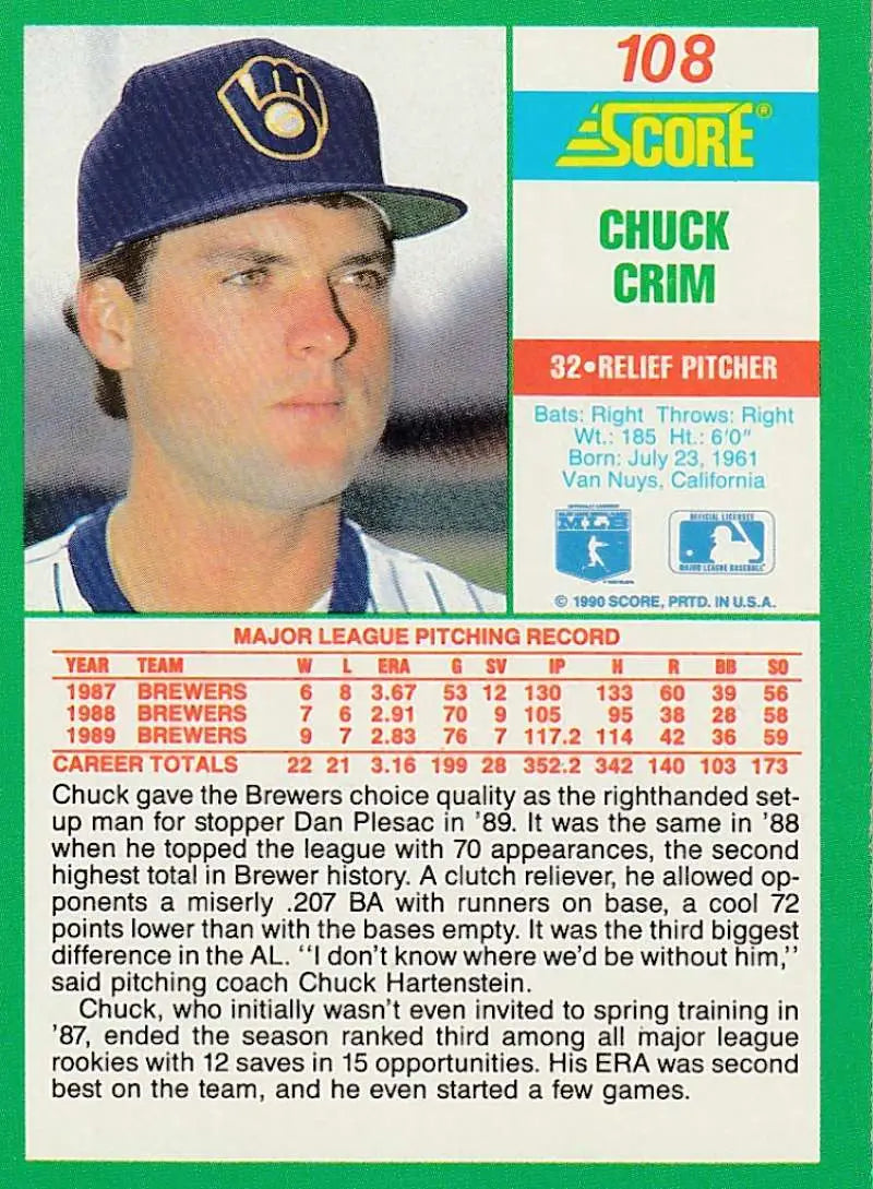 1991 Score Baseball Card of Chuck Crim, Milwaukee Brewers Relief Pitcher