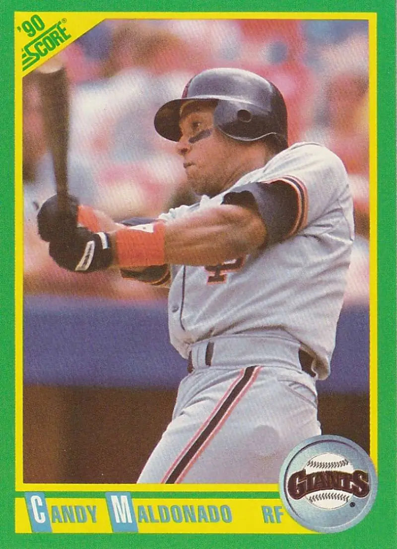 Baseball card of Candy Maldonado swinging bat for San Francisco Giants team