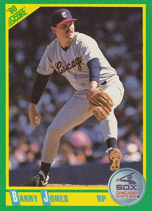 Baseball card of Barry Jones pitching for the Chicago White Sox in gray uniform