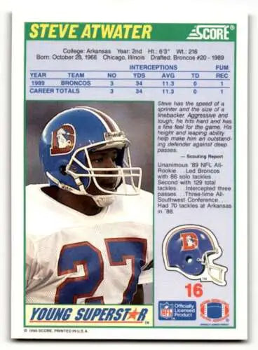 Steve Atwater Denver Broncos football card with original gloss, 1990 Score #16