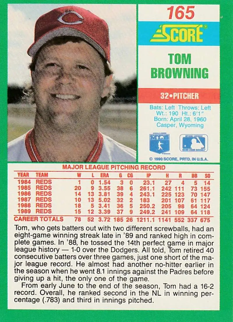 1991 Score baseball card of Tom Browning from the Cincinnati Reds