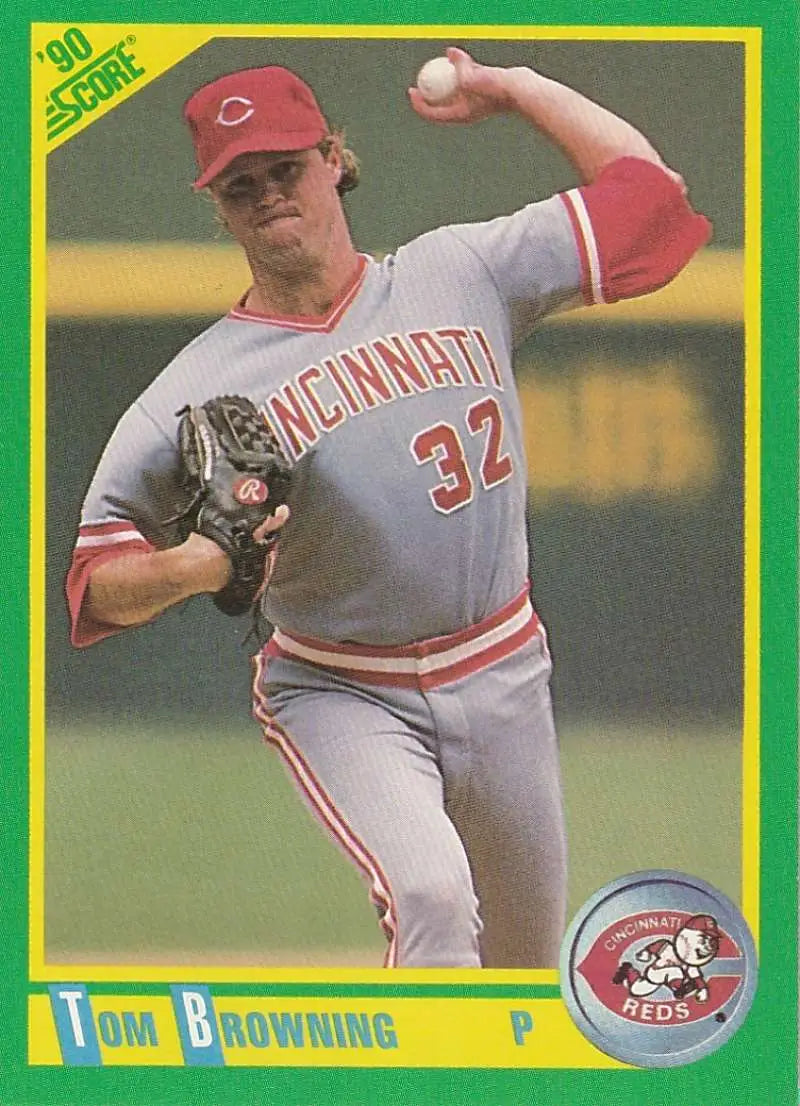 Cincinnati Reds baseball card of Tom Browning in mid-throwing motion wearing #32 jersey