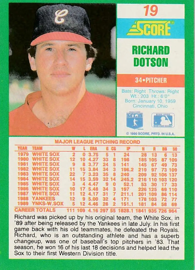 1988 Score Richard Dotson baseball card of Chicago White Sox pitcher in dark cap