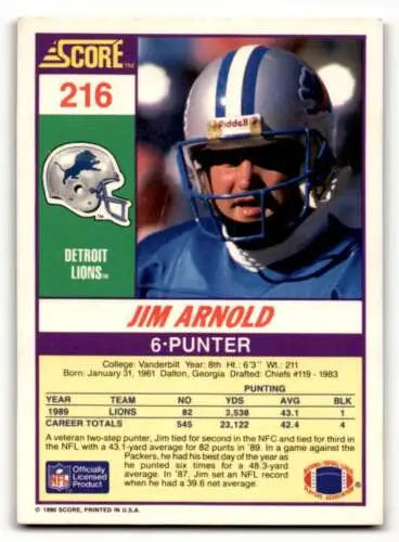Jim Arnold Detroit Lions football card featuring original gloss and great condition