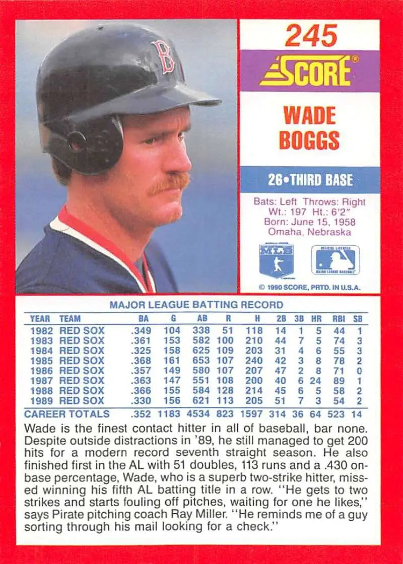 1990 Score Wade Boggs NM-MT Baseball Card featuring Red Sox player in batting helmet