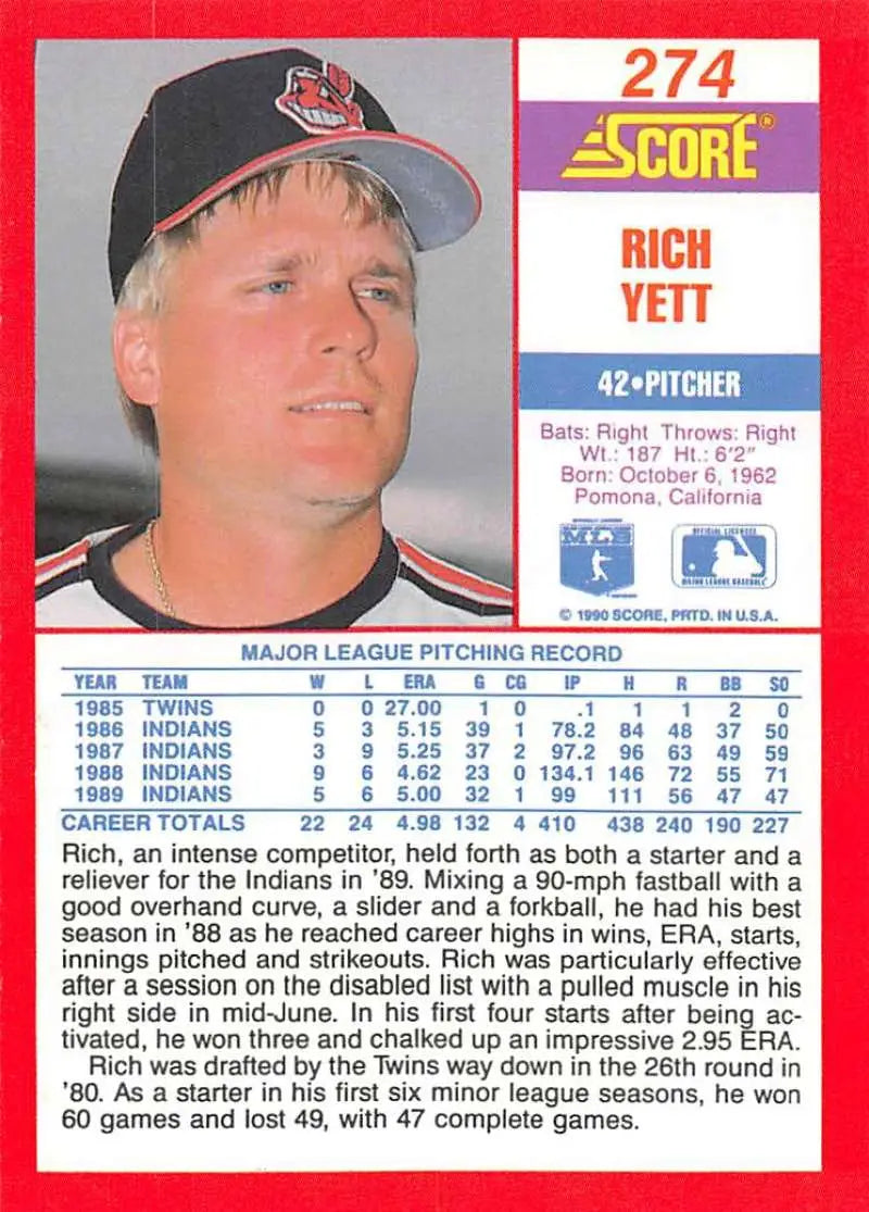 Baseball card from 1990 Score featuring Rich Yett of the Cleveland Indians