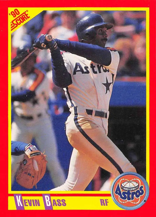 1990 Score Kevin Bass Houston Astros Baseball Card in white uniform at bat