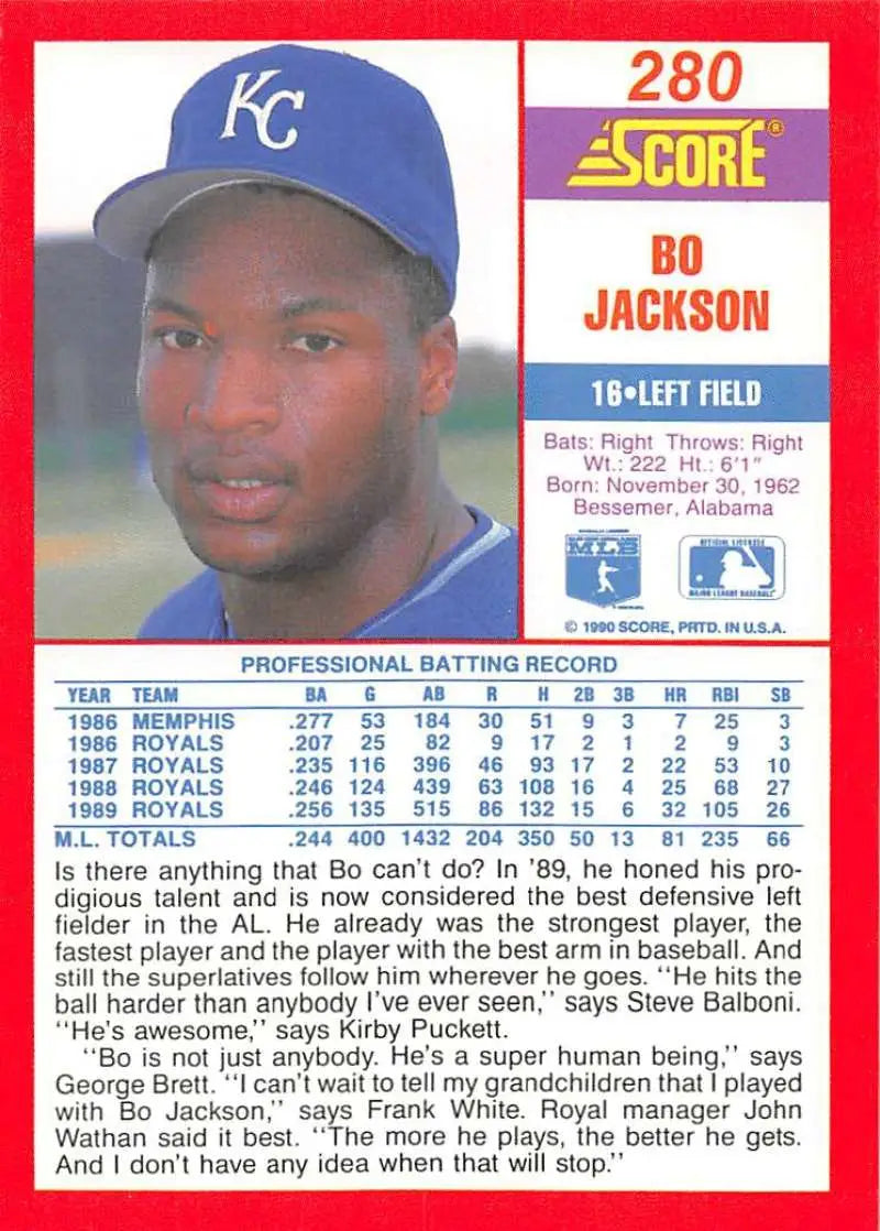 Kansas City Royals baseball card featuring Bo Jackson in blue KC cap