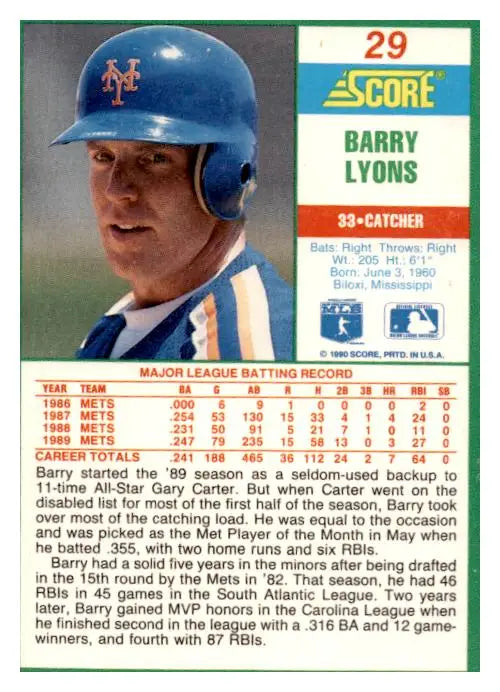 1990 Score #29 Barry Lyons - Collectible Trading Card