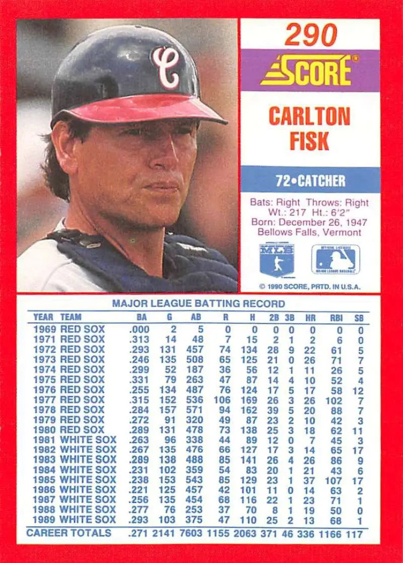 1990 Score #290 Carlton Fisk Baseball Card showcasing Chicago White Sox catcher stats