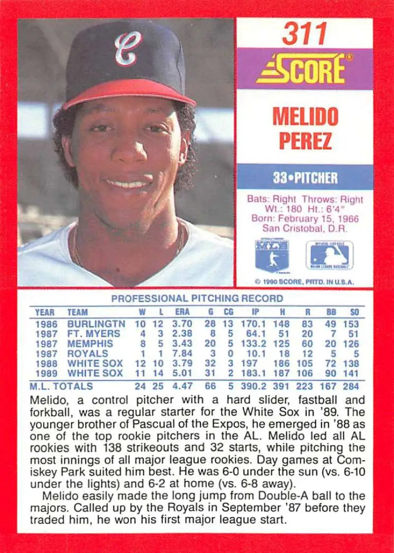 Melido Perez smiling on a Chicago White Sox baseball card from 1990 Score