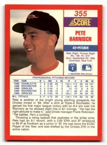 Original gloss 1990 Score #355 Pete Harnisch Baltimore Orioles Baseball Card
