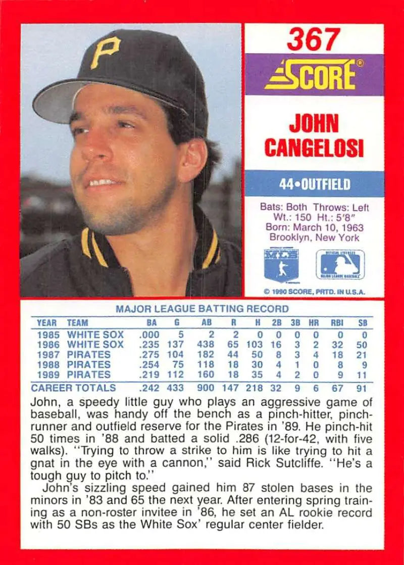 1991 Score baseball card of John Cangelosi from the Pittsburgh Pirates team