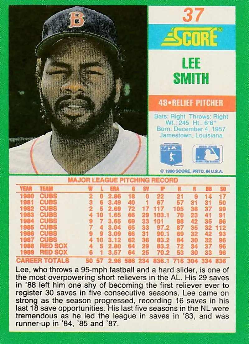 1991 Score Lee Smith Boston Red Sox Baseball Card NM-MT featuring relief pitcher