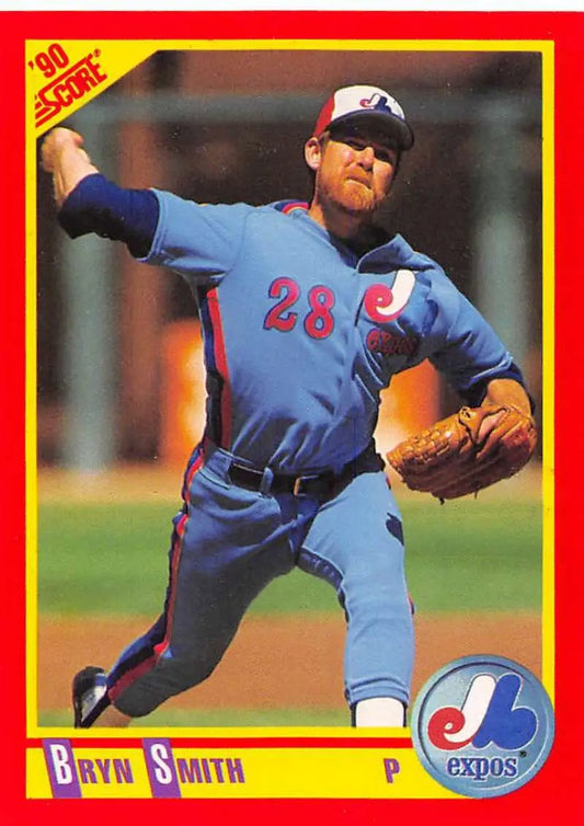 Bryn Smith in blue Montreal Expos uniform pitching on 1990 baseball card