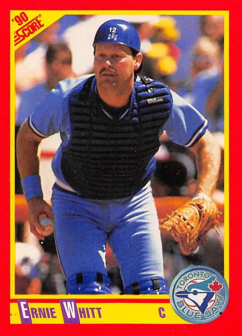 Baseball catcher Ernie Whitt in Toronto Blue Jays uniform with protective gear
