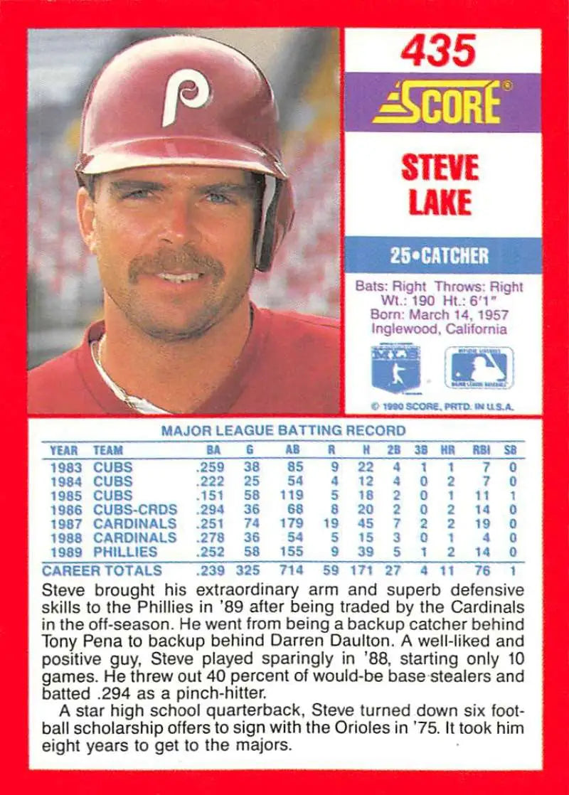 1991 Score Baseball Card of Steve Lake, Philadelphia Phillies Catcher in Burgundy Cap