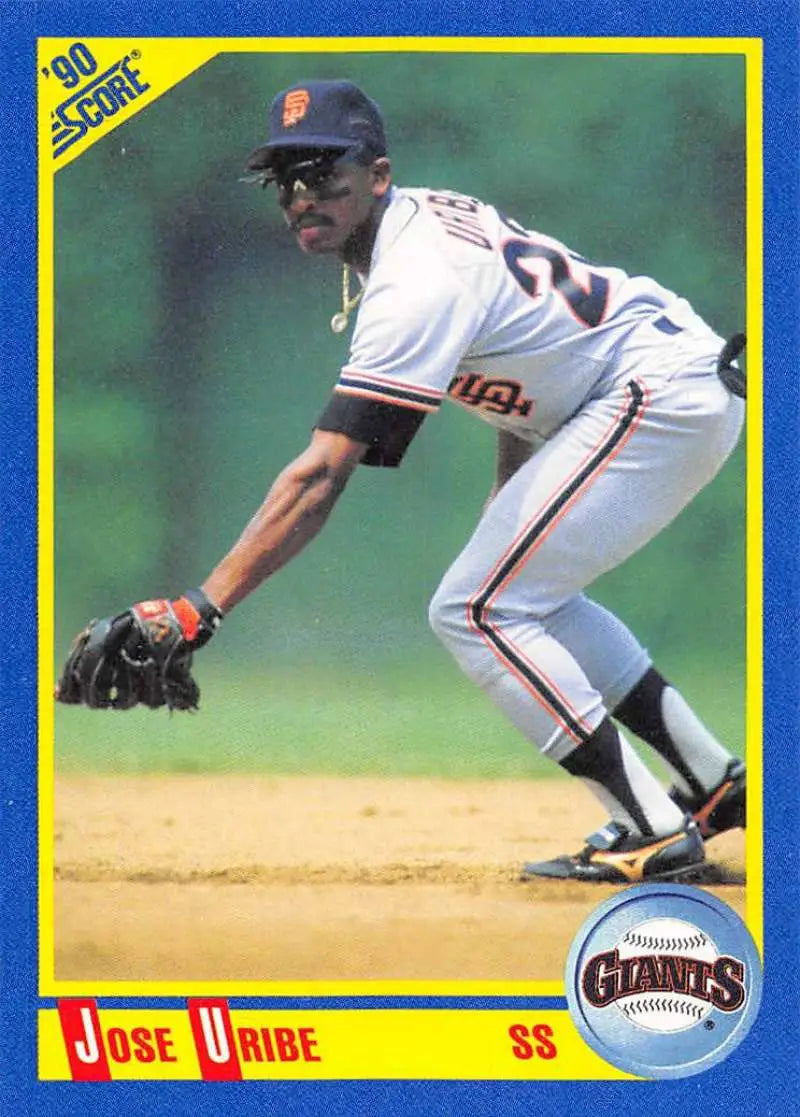 Baseball card of Jose Uribe in a fielding stance for San Francisco Giants