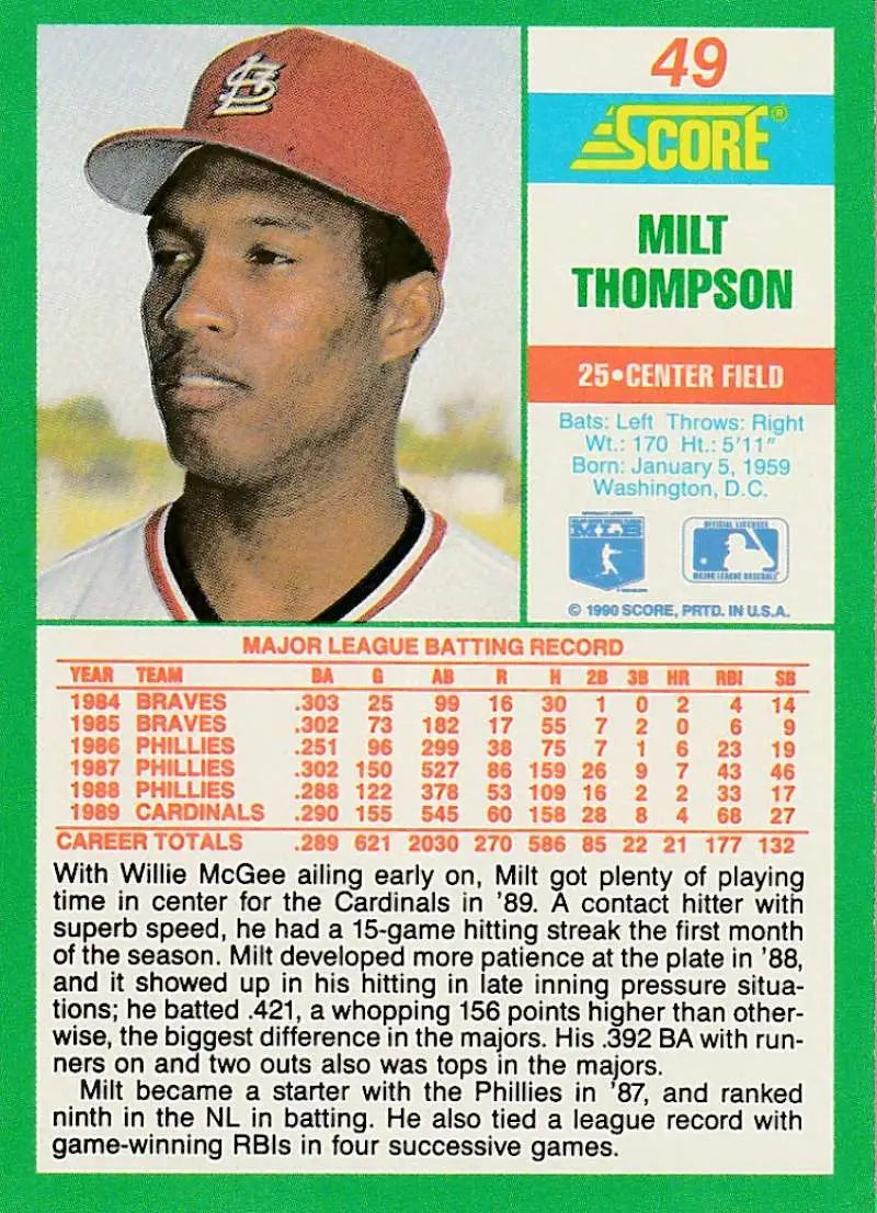 1991 Score baseball card of Milt Thompson from the St. Louis Cardinals team